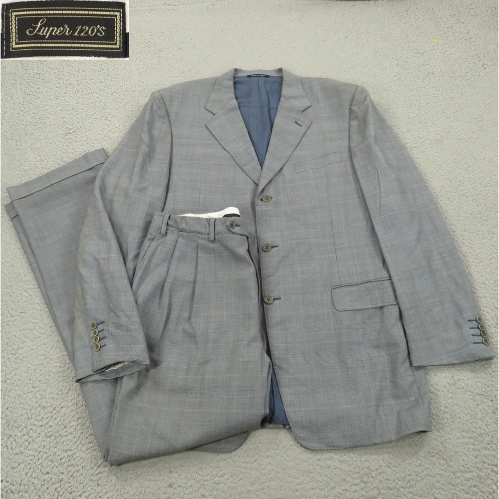 Canali Suit 42L Super 120s Glencheck Plaid Pleated Cuffed Pants 34x32 Gray